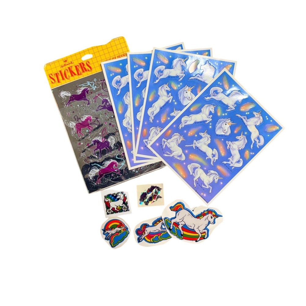 Vintage 80s Hallmark Unicorn Sticker Lot Rainbow Prismatic Puffy Iridescent 1984
